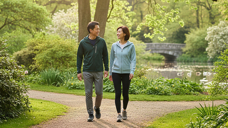 健康のために公園を散歩する夫婦