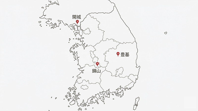 韓国の高麗人参3大産地(錦山・豊基・開城)の位置関係イメージ