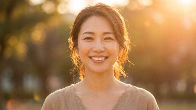 笑顔の40代女性。巡りを整えるアプローチを意識