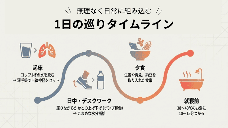 1日の巡りタイムライン（起床-日中-夕食-就寝前）