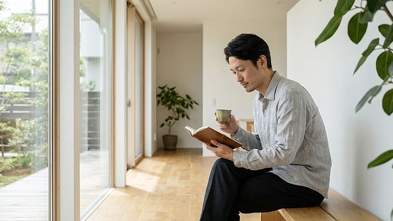 読書をしながら高麗人参茶を飲む男性