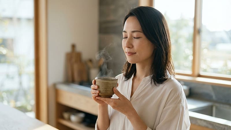 高麗人参茶を飲んでリラックスする女性