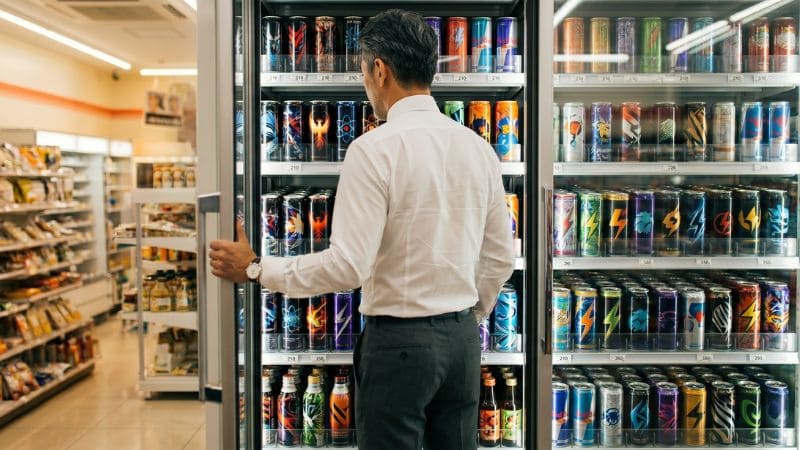 エナジードリンクコーナーで商品を選ぶ男性