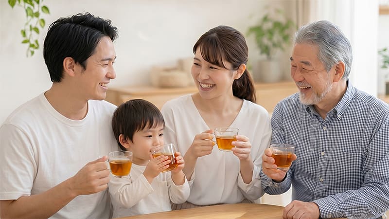 高麗人参りんご茶 PREMIUM を飲む家族