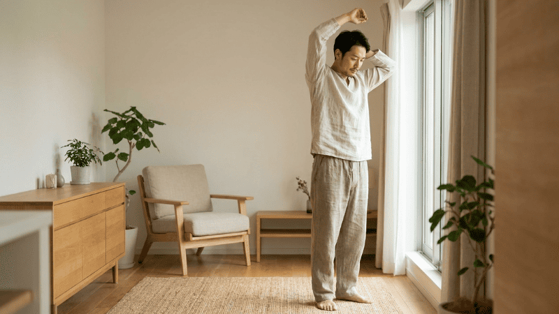 朝日を浴びながらストレッチをする男性